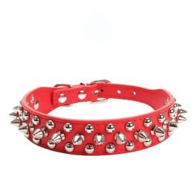 Spiked Studded Leather Dog Collar Rivets Pet Small Large Cat Pit Bull Adjustable (Color: Red, size: L)